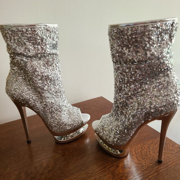 The Highest Heel Rhinestone Sequin Ankle Bootie Open Toe - Picture 2 of 9